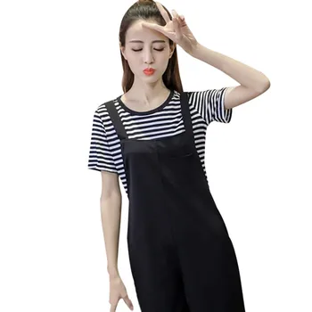 

Womens Bib Pants Nine-Pointed Pants Loose Two-Piece Suit Female Suspender Jumpsuit Romper Pants And Striped T-Shirt Womens Sets