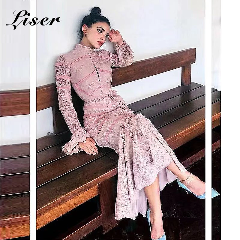 

Liser 2019 New Summer Women Dress Turtleneck Lace Bandge Dress Sexy Bodycon Elegant Celebrity Party Black Pink Dresses Vestidos