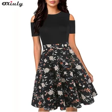 Oxiuly Vintage Hollow Out Spaghetti Strap Floral Print Patchwork Work Dress A-Line Female Fit And Flare Knee Length Causal Dress retro cut out plaid fit and flare dress
