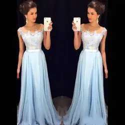 Элегантные светло-синие платья на выпускной Sheer шеи Кепки рукава Аппликация шифон этаж Длина Вечерние платья скромное вечернее платье