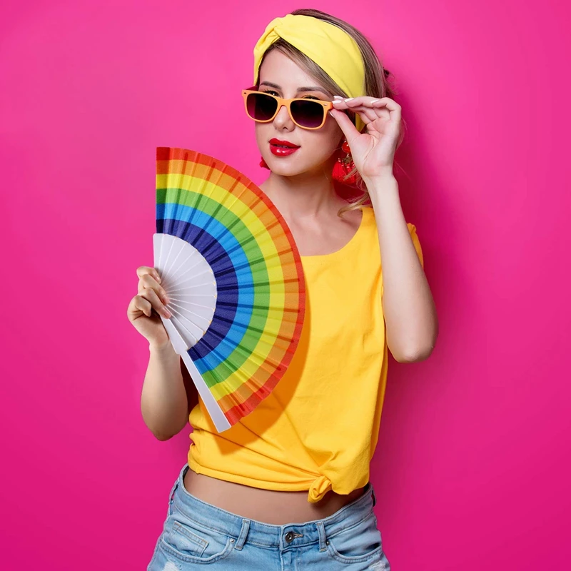 

12 Pieces Rainbow Fans Rainbow Folding Fans Colorful Hand Held Fan Summer Accessory For Rainbow Party Decoration (Horizontal S