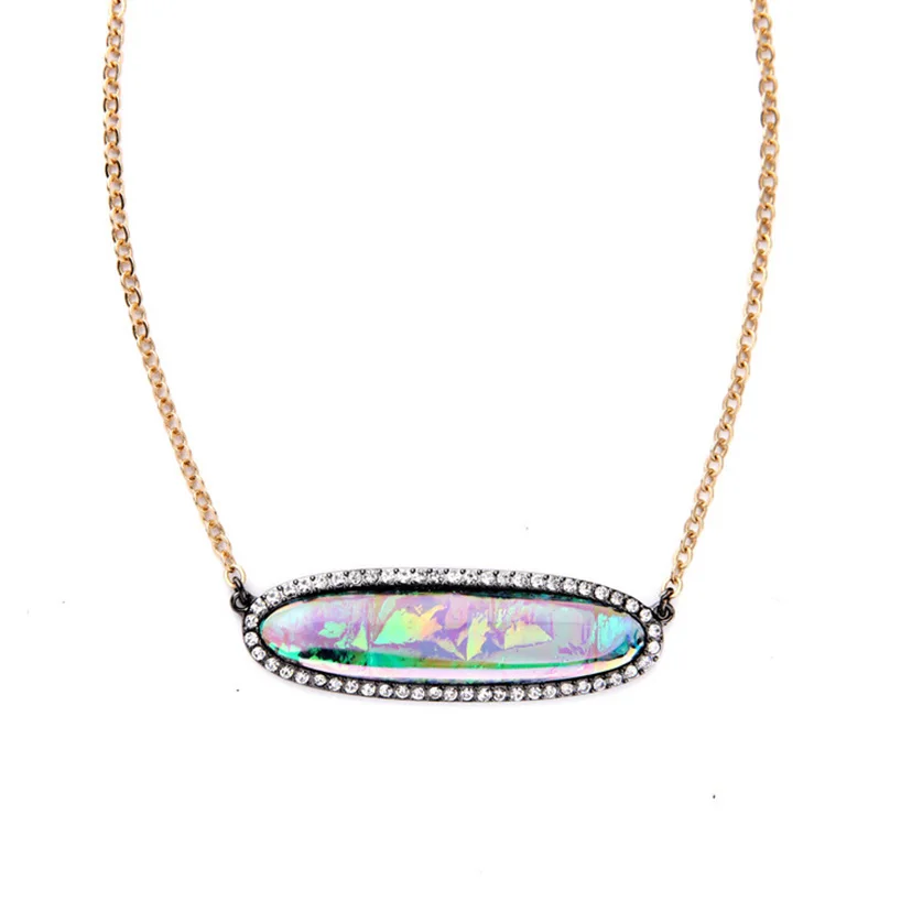 

Brilliant Pave Organic Oval Opal Necklace Petite Bar Charm Pop Delicate Pendant