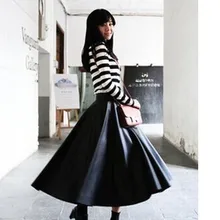 Новая Мода Осень Зима Плюс Размер Женщины Винтаж Высокая Талия Черный PU Искусственной Кожи Длинный Плиссированные Кожаная Юбка