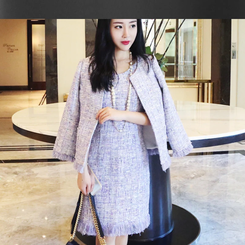 Purple tweed jacket +sleeveless dress suit sequin 2018 spring / autumn