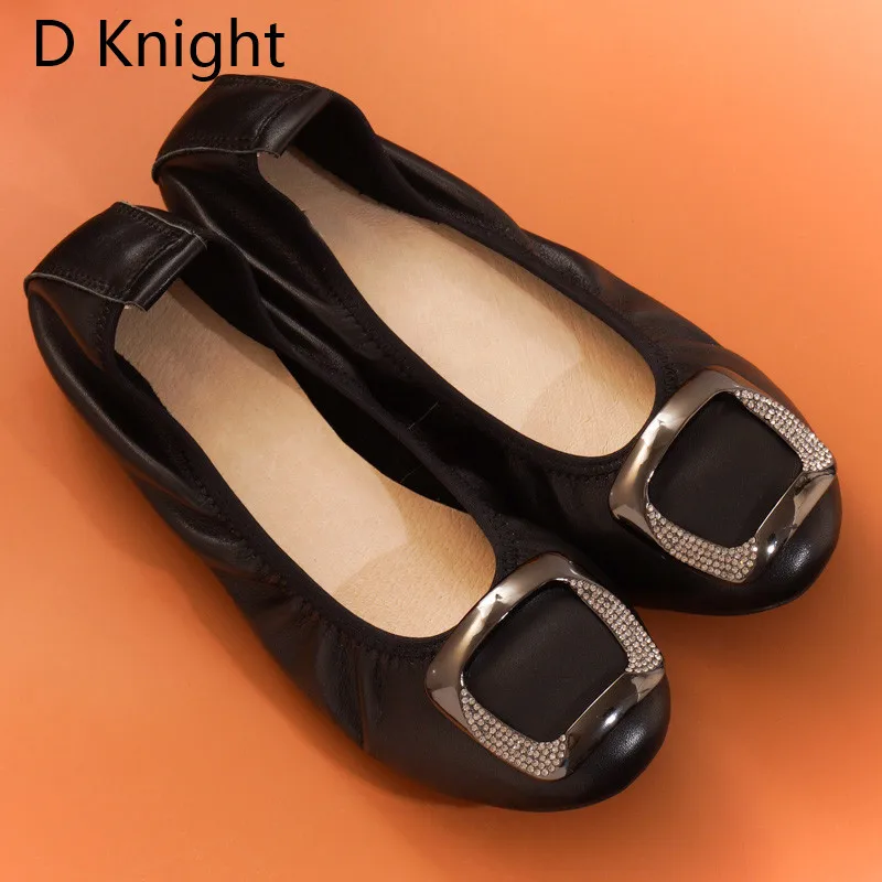 Comfortab Women's Flat Shoes Large Size 12 Genuine Ballet Leather Footwear for Women Csytal Metal Decoration Female Loafer Shoes (5)