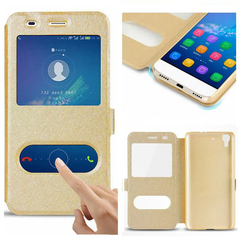 

Silk Grain Leather Phone Case For Huawei Y6 II/ y6 2 Quick Answer View Window Flip Cover Capa For Huawei Y6ii y6 2 5.5" Case