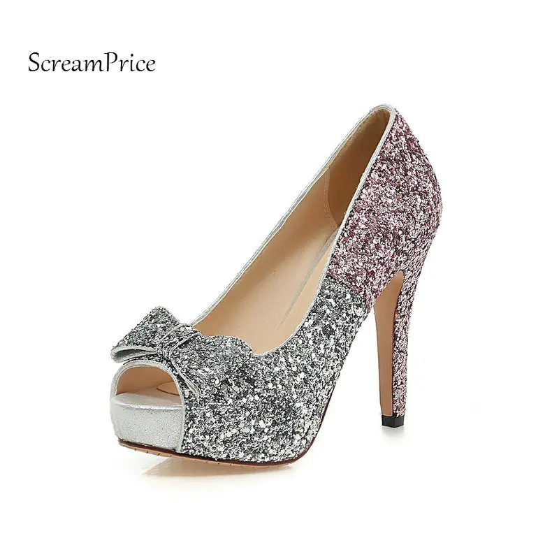 

Bling Peep Toe Platform Thin High Heel Woman Lazy Pumps Fashion Bow Knot Dress High Heel Shoes Woman Blue Pink Gold