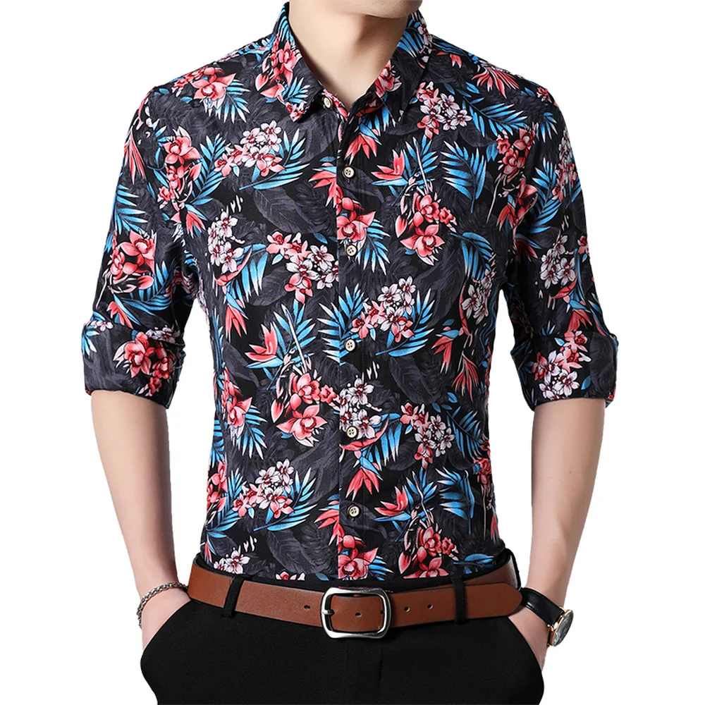 Men shirt long sleeve Fashion Shirt Male lapel Flower Floral Dress ...