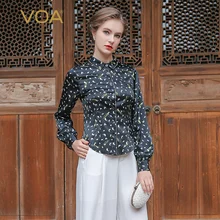 VOA Long Sleeve Polka Dot Pure Silk Women Shirt Formal Turn-Down Collar Blouse B1069 Custom Fit