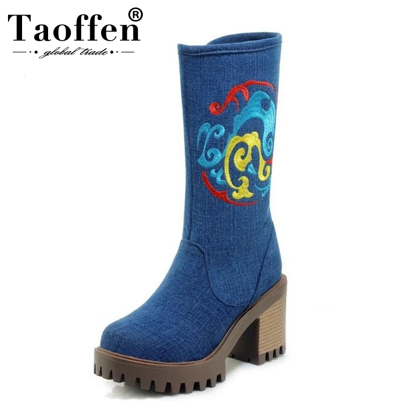 Koop TAOFFEN Vrouwen Winter Laarzen Borduurwerk Schoenen Vrouw Bont Platform Mid Calf Laarzen Mode Winter Laarzen Vrouw Schoenen Maat 34 43