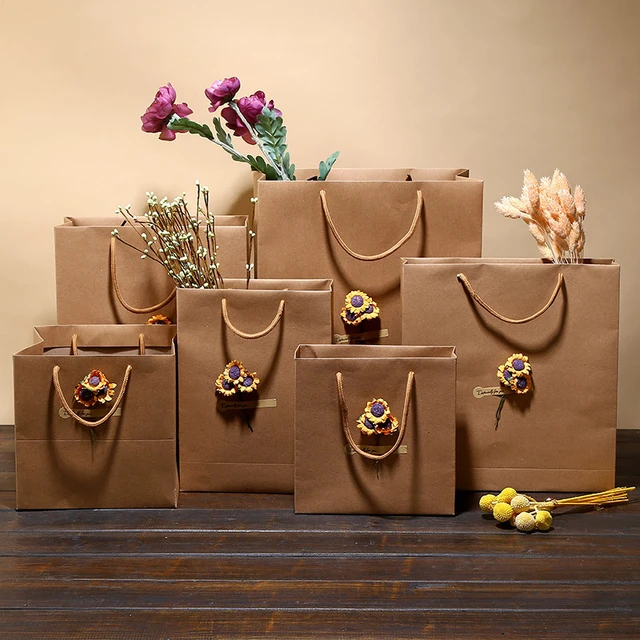 クラフト紙袋,12個,花飾り付きパーティーバッグ,ハンドル付きギフト