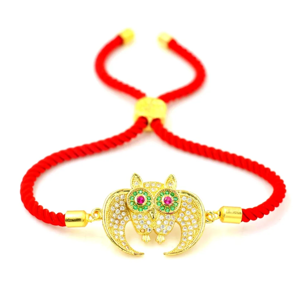 Women Gold Owl Charm Bracelet Micro Inlay Zircon Red Thread Rope Lucky