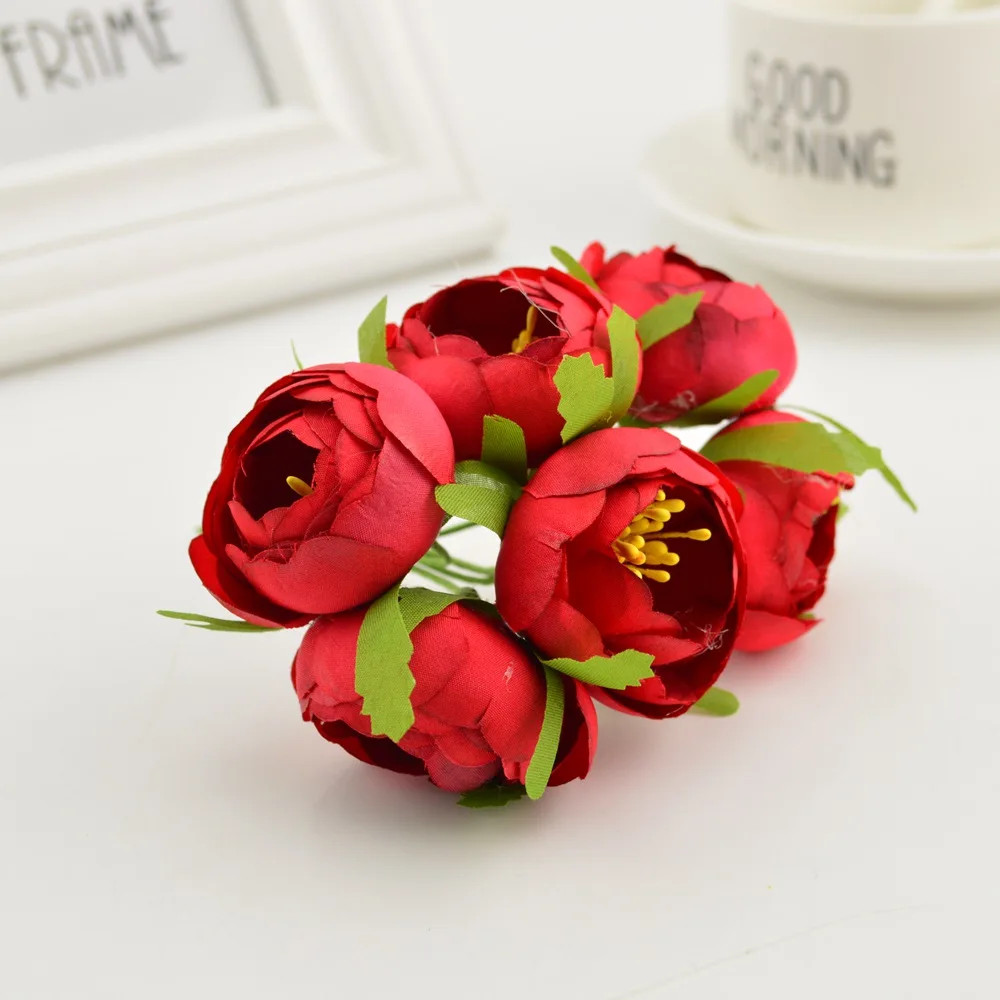 6 шт. Шелковый небольшой чайный бутон розы искусственный цветок букет тычинки для дома Свадебное Украшение diy ВЕНОК одежда шляпы аксессуары - Цвет: red