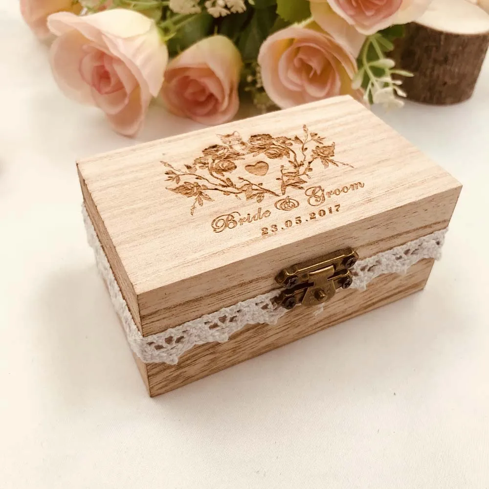 Personalized Wedding Ring Bearer Box, Cat wedding ring box with flower,Wood Custom Engraved Ring Box Wedding Ring Holder Box12