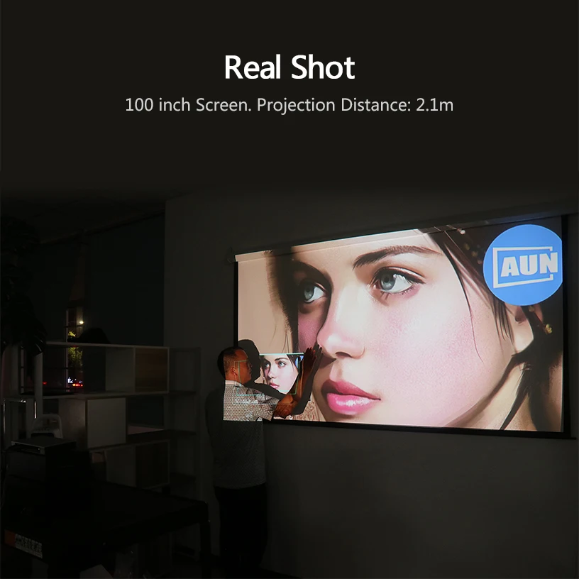 AUN DLP Projector D6S, Portable Beamer Built-in 1080*720, Android 5.1, Bluetooth, 8000mAH Battery. HDMI, USB, SD. (Optional D6I)