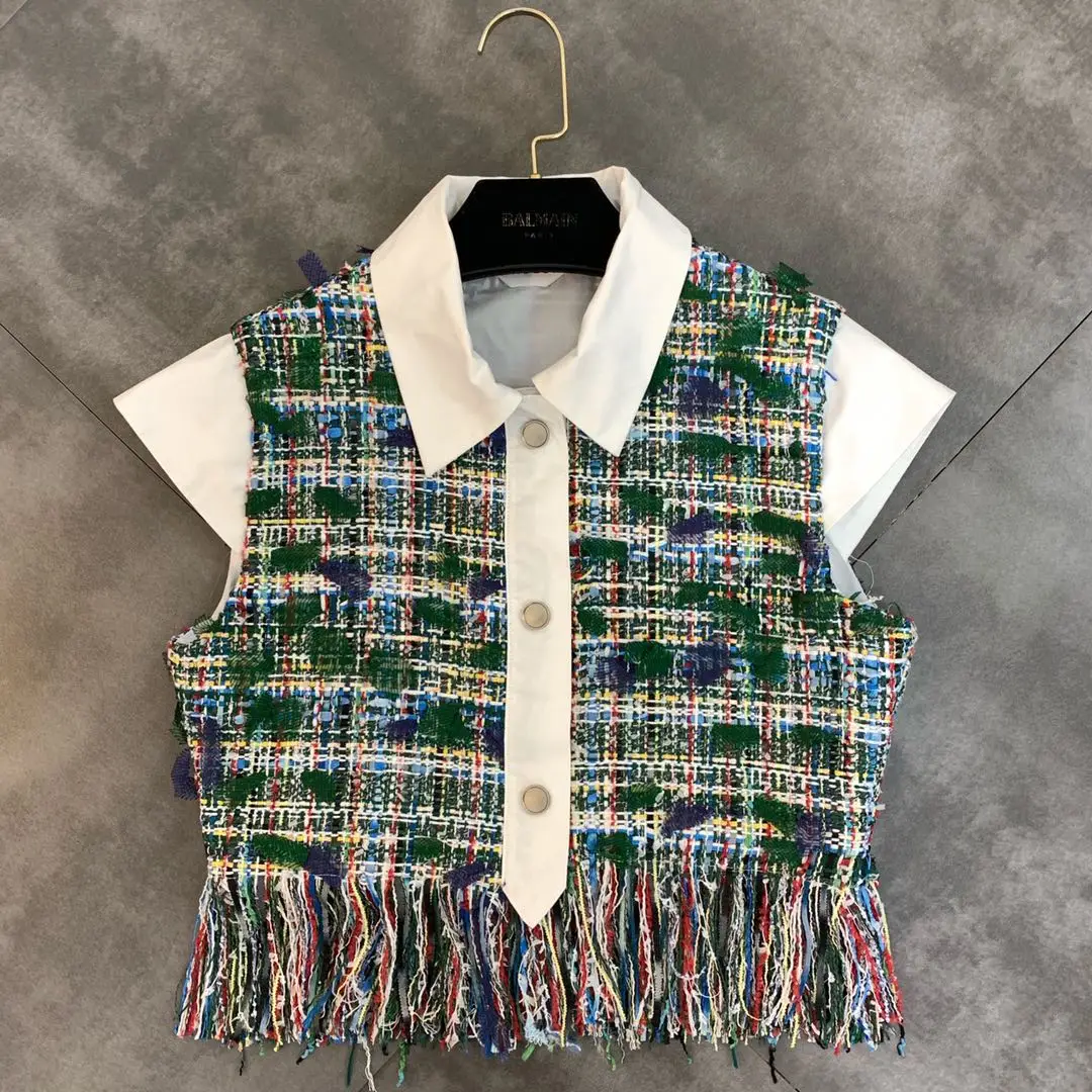 

2019 summer new lapel short-sleeved color cable woven fringed small women's shirt T
