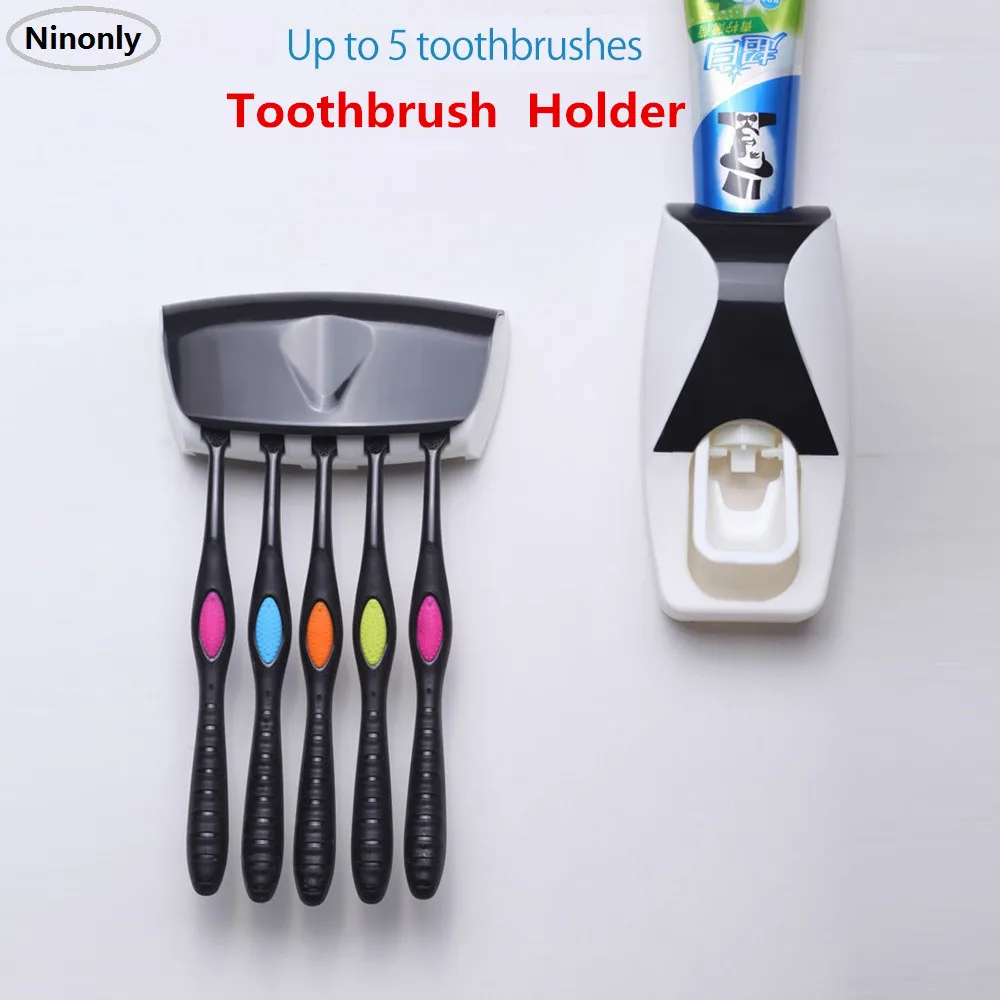 

Automatic Toothpaste Dispenser 5pcs Toothbrush Wall Mount rack Toothpaste Squeezer Kit Toothbrush Holder Set Home Bathroom