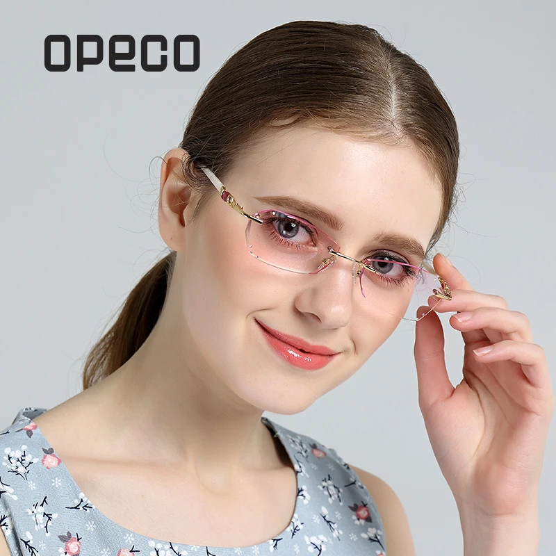 Opeco Женская мода Оптические diamond Отделка Резка Rimless Очки рецепт оптический Очки Рамки для женские очки