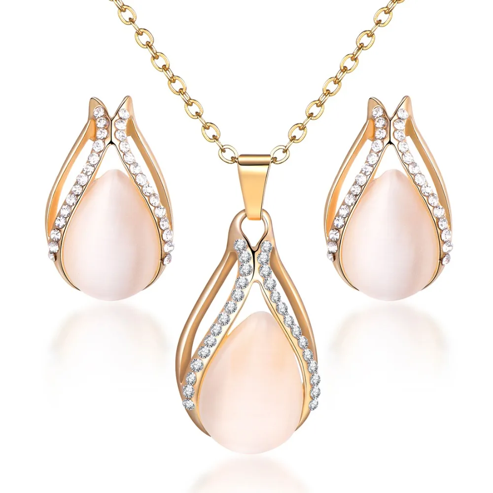 Fashion Golden Plated Opal Jewelry Sets For Woman Cubic Zirconia Water Drop Necklace Pendant Earrings Set Bridal Wedding Gift