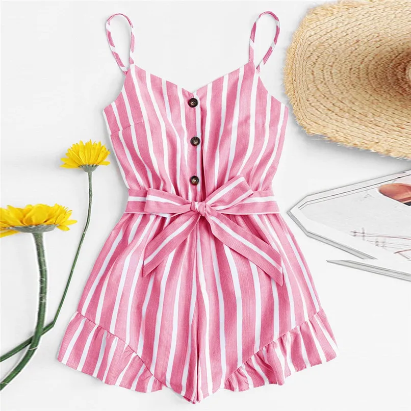 

Ruffle Hem Self Tie Waist Striped Rompers Womens 2019 Summer Vacation Sleeveless Spaghetti Strap Mid Waist Playsuit J42