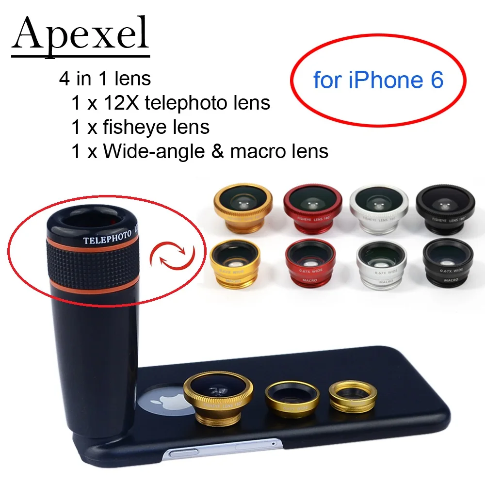 Apexel набор объективов для телефона 12X телеобъектив с зумом рыбий глаз и Широкоугольные и макрообъективы с черным Чехол для телефона для iPhone 6 APL-12X85
