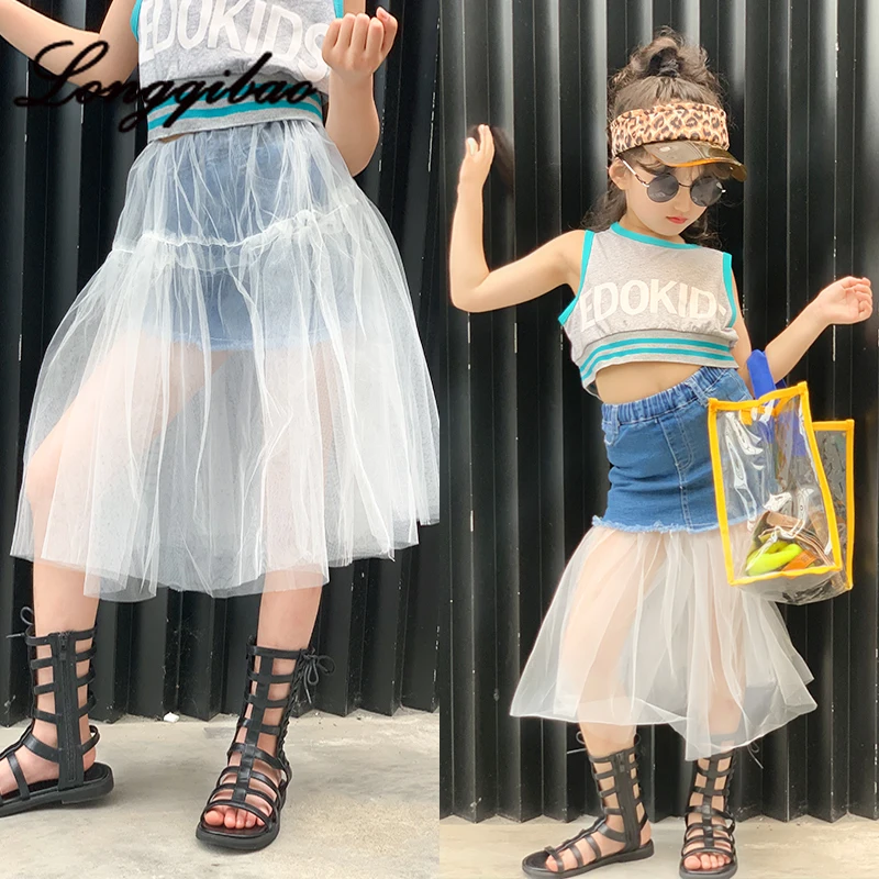 

high quality Girls' denim 2019 summer fashion Korean children's hip skirt denim mesh mesh in both sides wear skirt tide.
