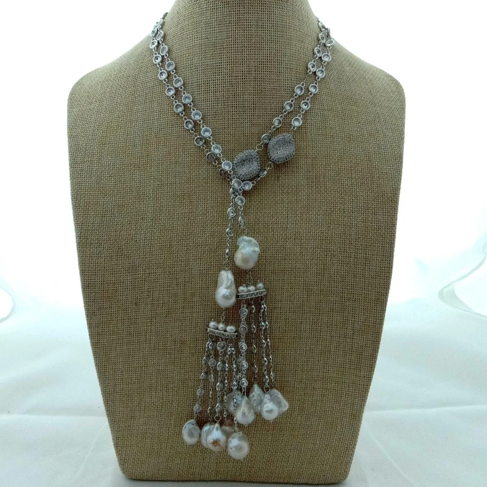 

45" White Keshi Pearl Cz Pave Chain Long Necklace
