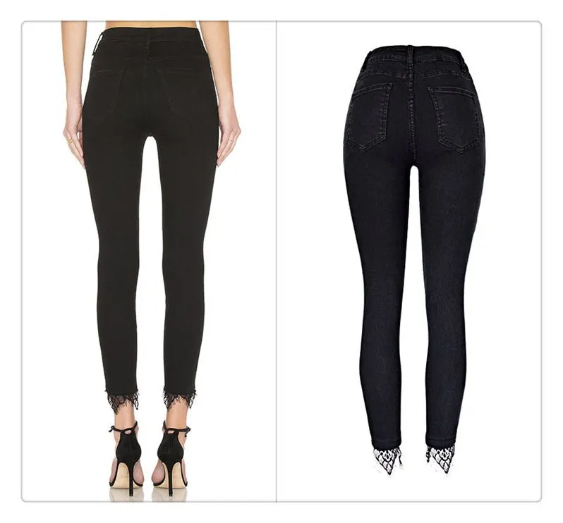 European and American women's wear high waist slender body elastic wash knees broken holes jeans nine trouser leg stitching lace super popular (4)