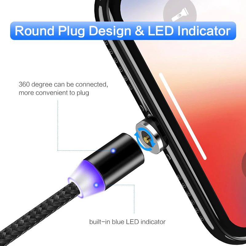Магнитный светодиодный зарядный кабель для iPhone Xs Max Samsung Xiaomi Huawei Android Type C Micro