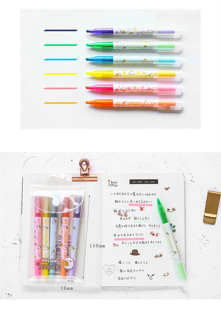 6 pcs Molang color highlighter marker pen set Dual-side spot liner Cute Stationery office School supplies material escolar F007