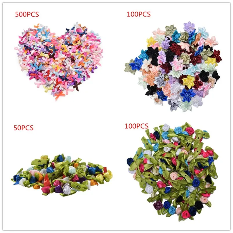 

500PCS/100PCS/50PCS Satin Ribbon Roses Flower Heads Handmade DIY Fabric Flowers For Scrapbooking Wedding Party Craft Decoration