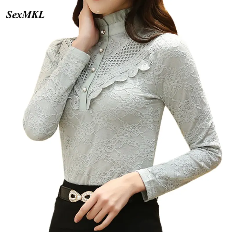 SEXMKL женские топы Модная белая кружевная блузка Осенняя офисная рубашка с длинным рукавом Корейская открытая черная блузка женская блуза - Цвет: Серый