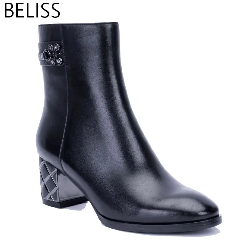 

BELISS 2018 35-41 comfortable ankle boots for women office causal shoes heels Pointed Toe thickened sole genuine leather B26
