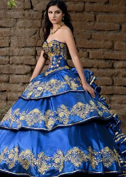 Royal Blue Quinceanera Dresses 2017 Sweetheart Gold Embroidery Beaded