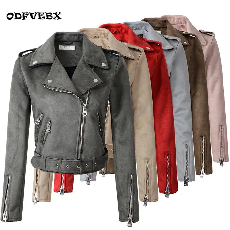 

2019 New Short Suede Leather Jacket Women Fashion Belt Slim Deerskin Coat Slim Thin Leather Gray pink beige Jackets Lady ODFVEBX