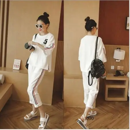 

Women Summer Set Clothing Suit 5 Print Pocket O Neck Irregular Tshirts+Loose Ankle Length Pants 2 Pieces Sets Girl Playsuit