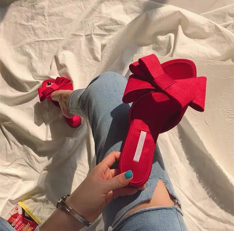 

flat slippers women's shoes 2019 Korean version of the summer new large bow satin round head sandals Wild half slippers