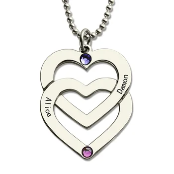 

Wholesale Birthstones Double Heart Necklace Silver Couples Name Necklace My Heart Belongs Yours Love Valentine's Day Jewelry