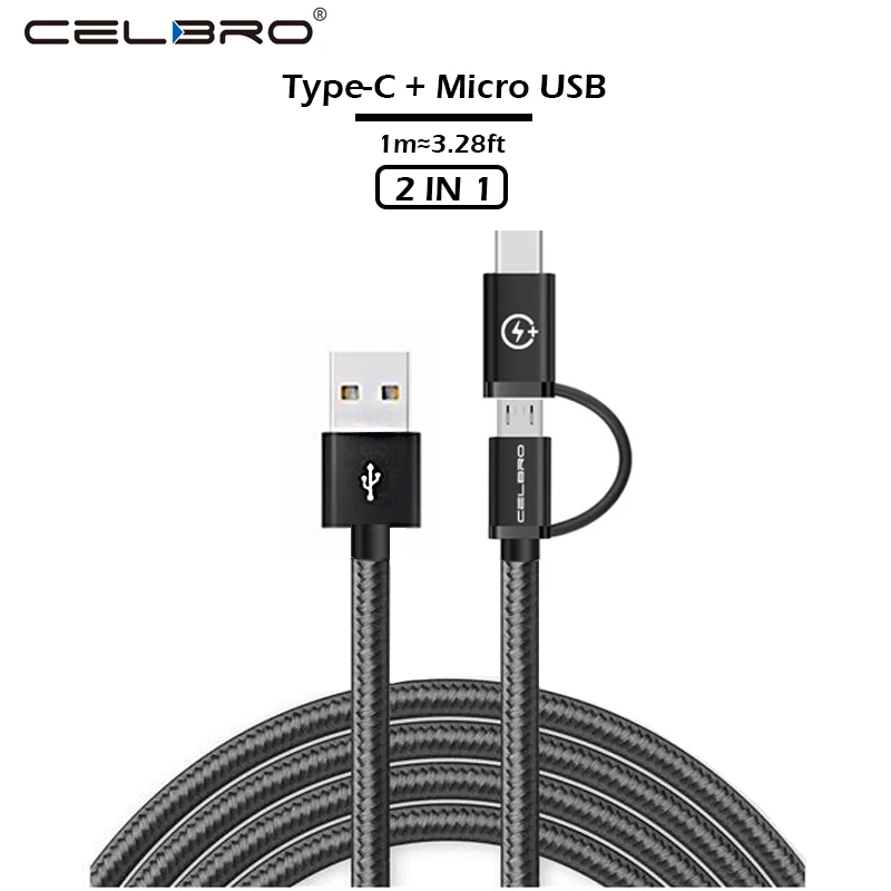 2 IN 1 Micro USB Type C Charging Data Sync Fast Nylon Braided USB-C Type-C Charger Adapter Cable | Мобильные телефоны и