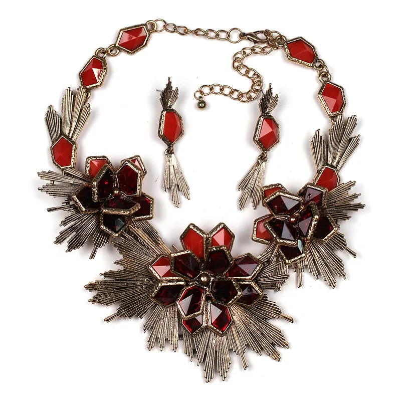 Flower jewelry set necklace matching earring fashion Unique Europe Party choker statement Necklace pendant necklace jewelry (red) NHJJ0798