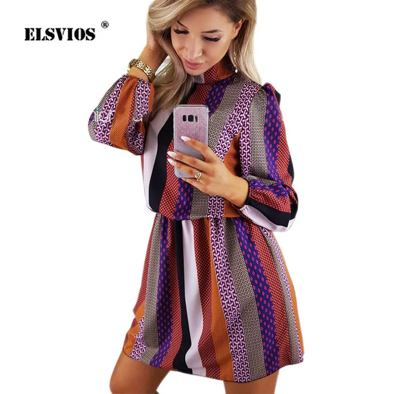 ELSVIOS Women Back Bow Striped Print Dress 2019 New Spring Turtleneck Long Sleeve A-line Dresses Casual beach Vestidos | Женская одежда