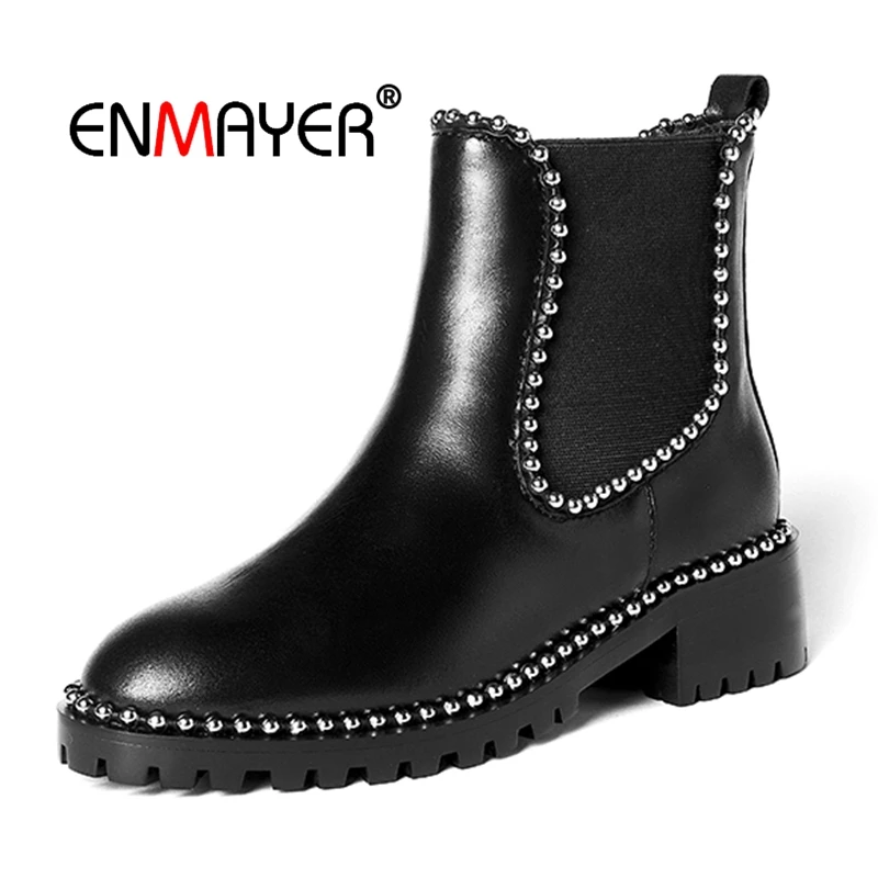 

ENMAYER Women short boots lady fashion punk round toe slip-on ankle boots women square heel boots Size 34-39 Winter shoes CR1715