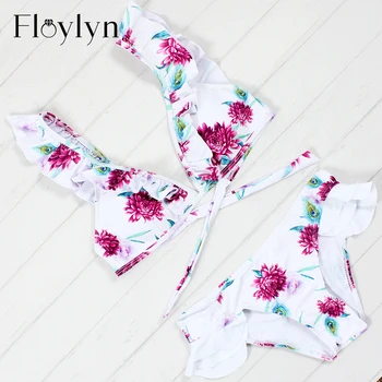 

Floylyn Ruffle Bikini Floral Swimwear Push Up Swimsuit Bandage Biquini Bow Bikinis Set Print Bathing Suits Red Maillot De Bain