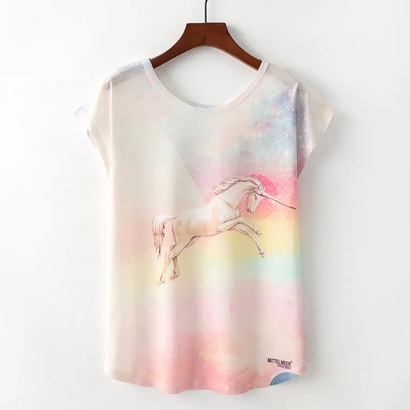 Летние новые женские футболки Harajuku милый чехол с животным узором Милая футболка с принтом кота единорога повседневные свободные топы с круглым вырезом и коротким рукавом - Цвет: Unicorn