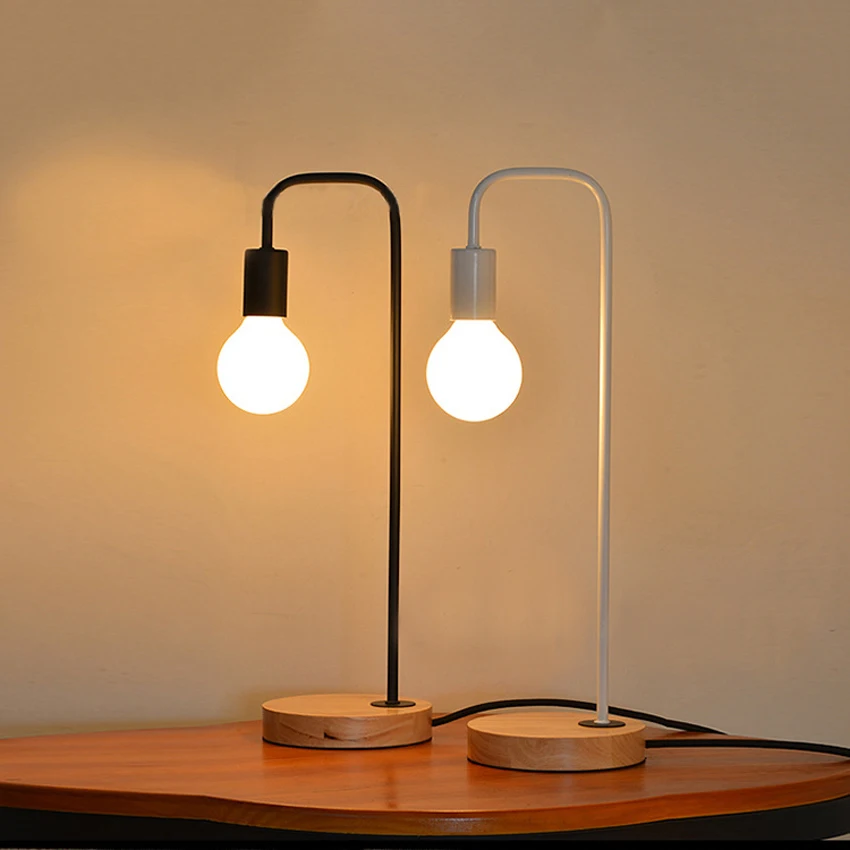 Нордическая современная простая настольная лампа, железный держатель светильника деревянная основа прикроватная настольная лампа для