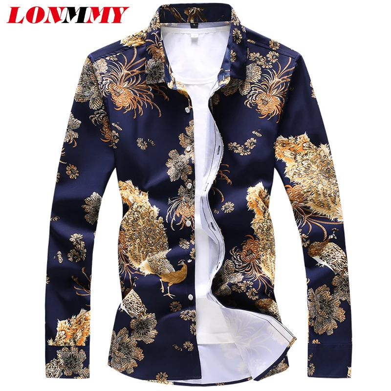 

LONMMY 7XL Peacock flower mens shirts 35% Cotton Fashion Floral Hawaiian shirt casual slim fit Long sleeve blouses camisa social