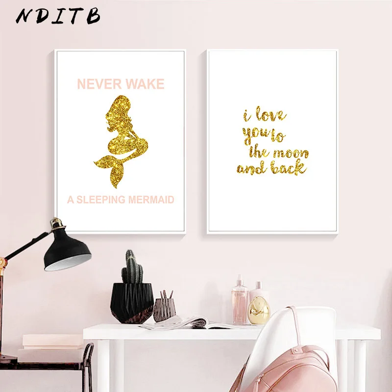 

Mermaid Wall Art Poser Nursery Quotes Print Cartoon Canvas Painting Minimalist Nordic Kids Picture Baby Girl Bedroom Decoration