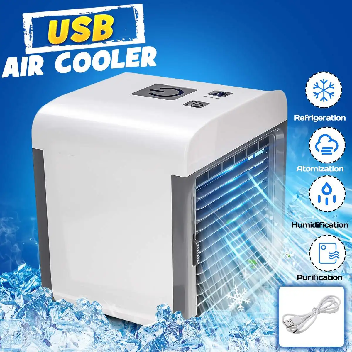 

Mini Air Conditioner Spray Cooler Cooling Flow Filter Humidifier Purification 3 Speeds White 16.5x16.5x13.5cm USB Cable Charge
