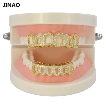 

JINAO Hip Hop Teeth Grills Caps Micro Pave CZ Stone Six 6 Open Hollow Top & Bottom Set Men Women Teeth Grillz Ship From US