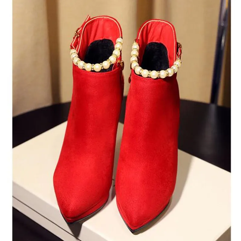 

Autumn sexy Sharp head Wedding shoes Commute Stiletto Rhinestone Pearl gules woman Short boots plus size 34-39